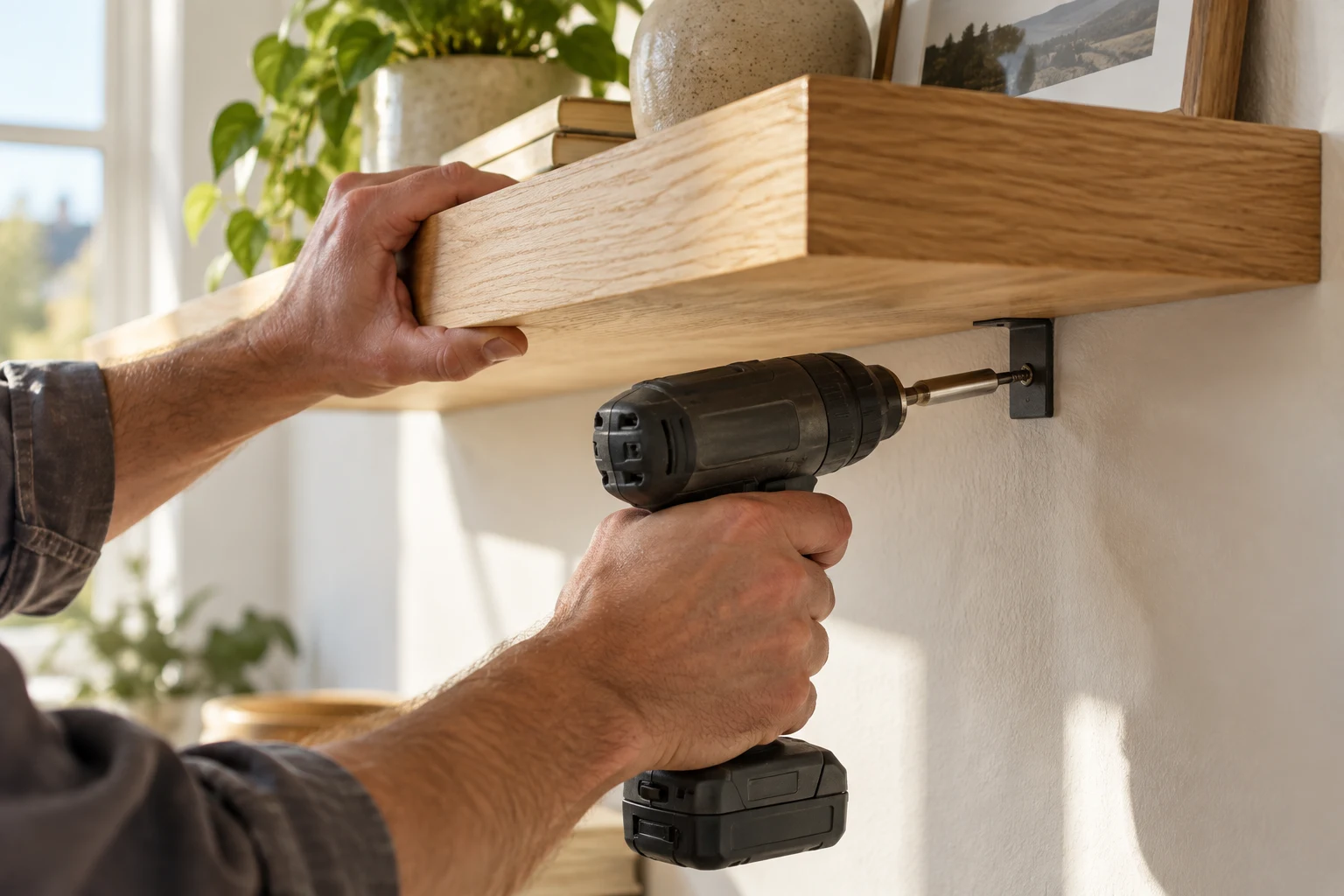 Close-up of careful work on a wooden shelf