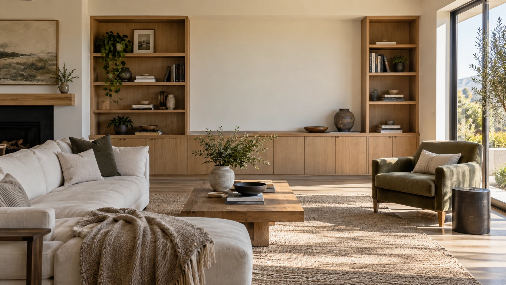 A bright California living room with oak cabinetry and natural materials