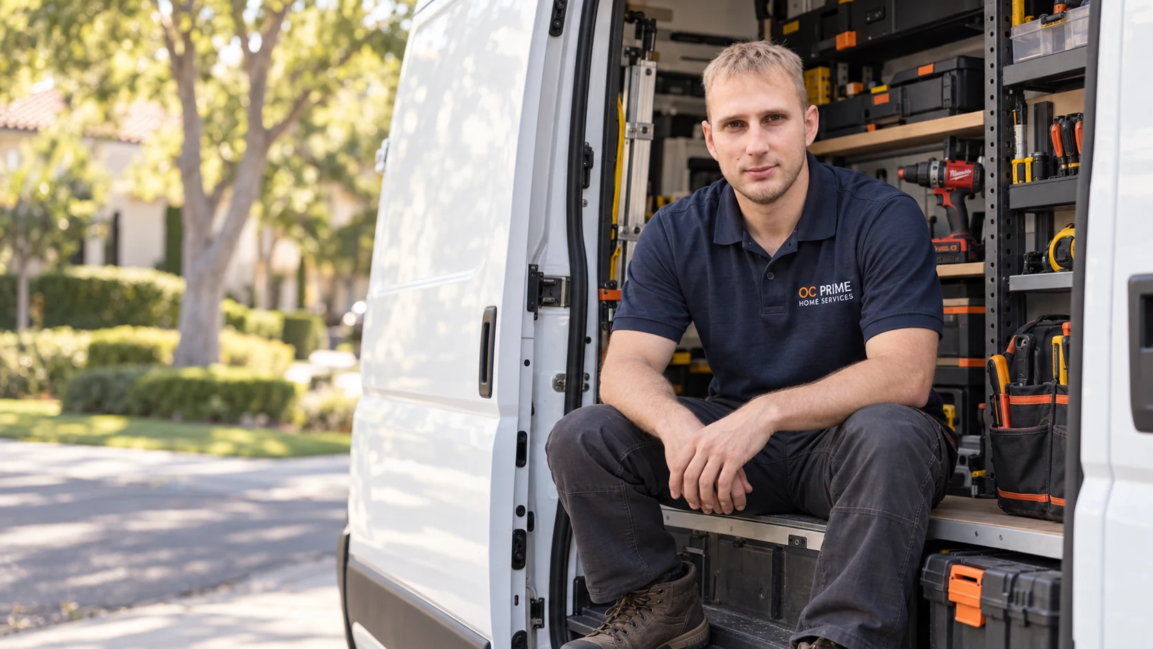 Illustrative portrait of the OC Prime owner in his service van
