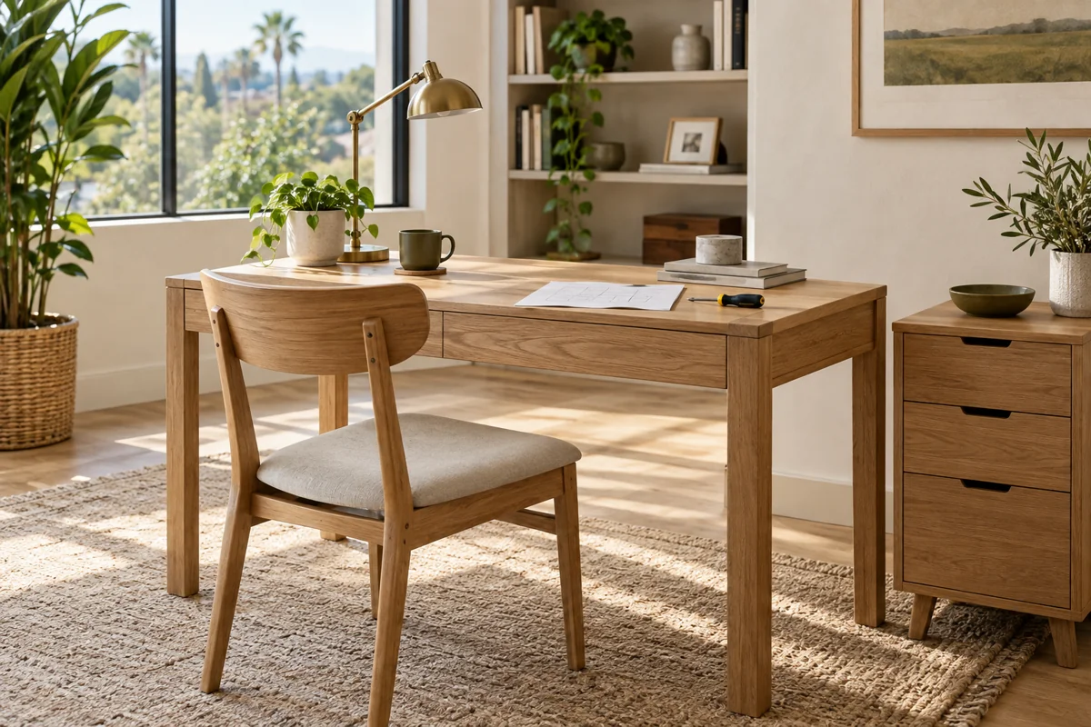 Illustrative home office with an assembled oak desk and chair